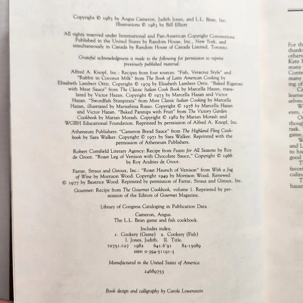 1983 The L. L. Bean Game & Fish Cookbook By Angus Cameron And Judith Jones Book